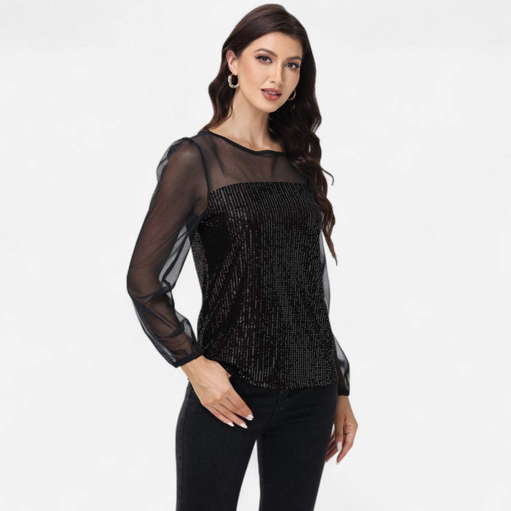 Anna-Kaci Women's Sheer Mesh Long Sleeve Top with Sequin Front Panel and Crew Neckline