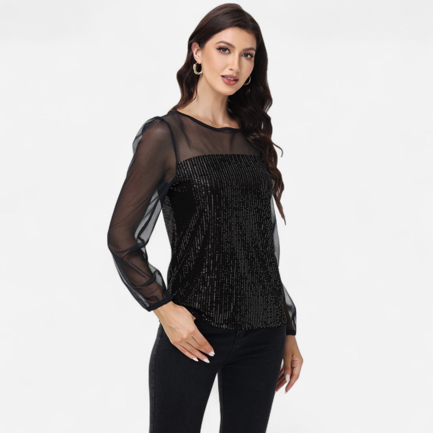 Anna-Kaci Women's Sheer Mesh Long Sleeve Top with Sequin Front Panel and Crew Neckline