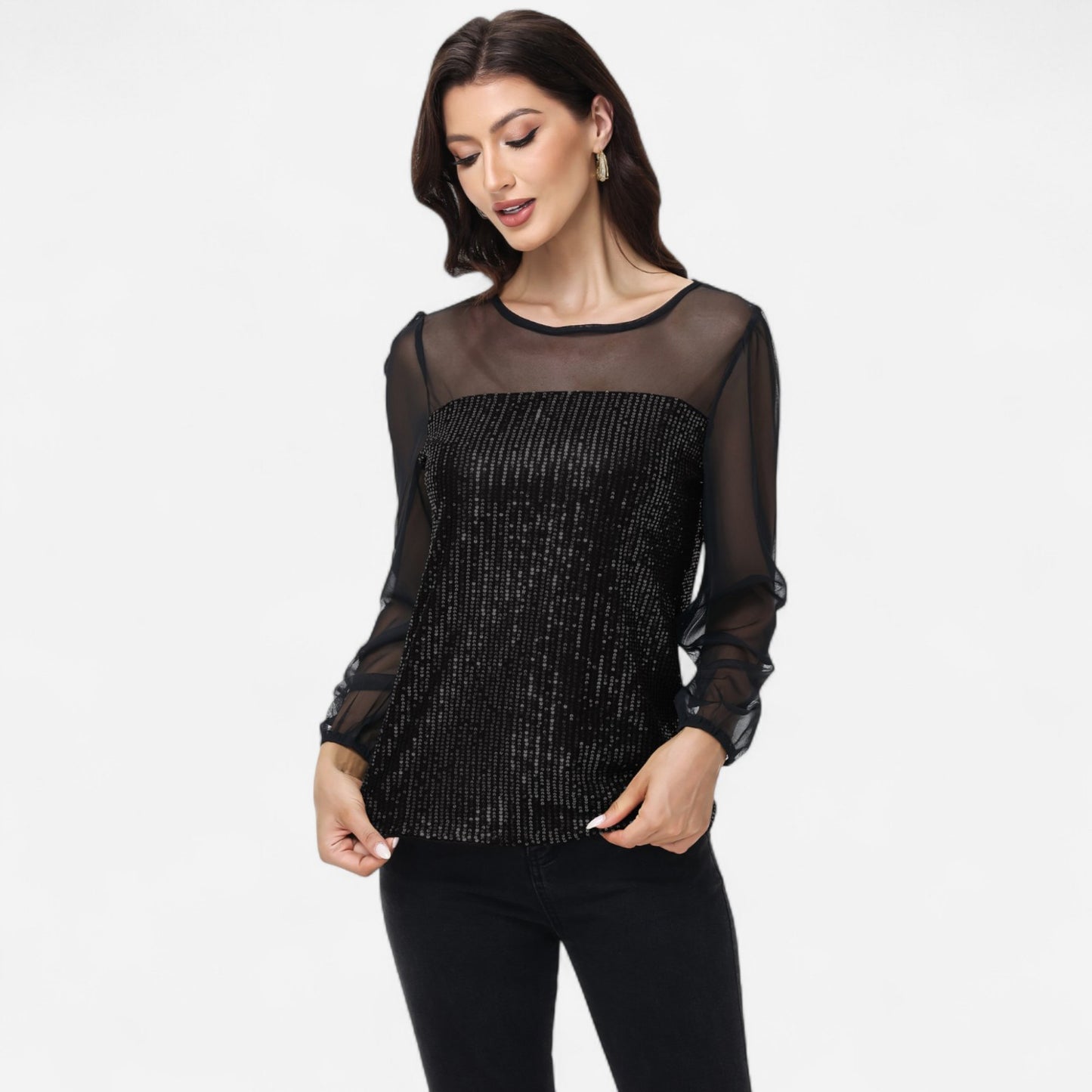 Anna-Kaci Women's Sheer Mesh Long Sleeve Top with Sequin Front Panel and Crew Neckline