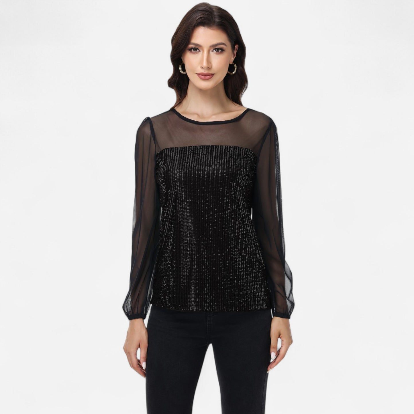Anna-Kaci Women's Sheer Mesh Long Sleeve Top with Sequin Front Panel and Crew Neckline