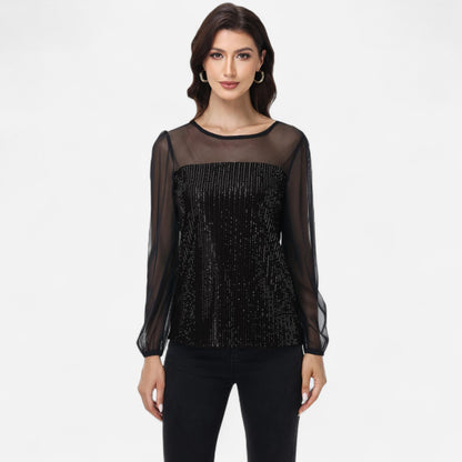 Anna-Kaci Women's Sheer Mesh Long Sleeve Top with Sequin Front Panel and Crew Neckline