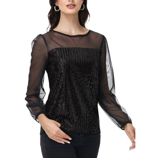 Anna-Kaci Women's Sheer Mesh Long Sleeve Top with Sequin Front Panel and Crew Neckline