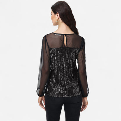 Anna-Kaci Women's Sheer Mesh Long Sleeve Top with Sequin Front Panel and Crew Neckline