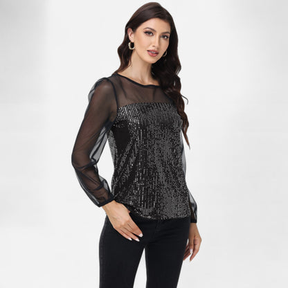 Anna-Kaci Women's Sheer Mesh Long Sleeve Top with Sequin Front Panel and Crew Neckline
