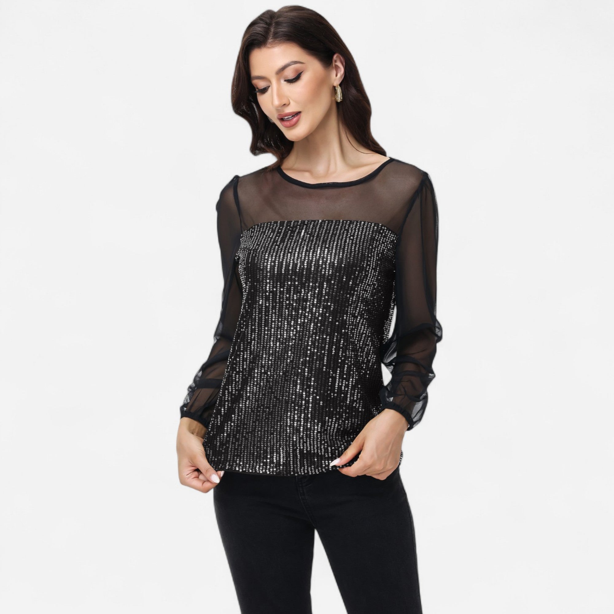Anna-Kaci Women's Sheer Mesh Long Sleeve Top with Sequin Front Panel and Crew Neckline