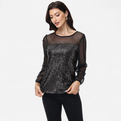 Anna-Kaci Women's Sheer Mesh Long Sleeve Top with Sequin Front Panel and Crew Neckline
