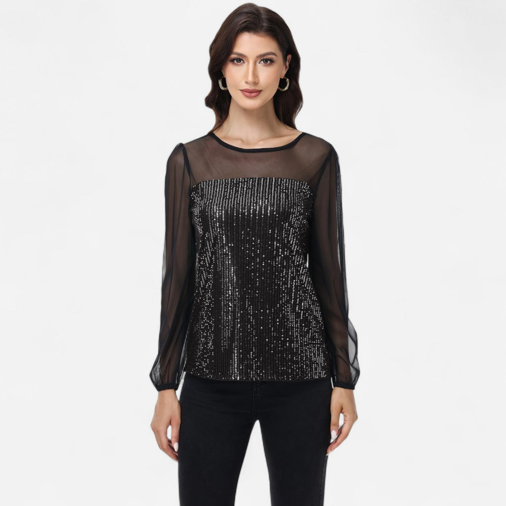Anna-Kaci Women's Sheer Mesh Long Sleeve Top with Sequin Front Panel and Crew Neckline