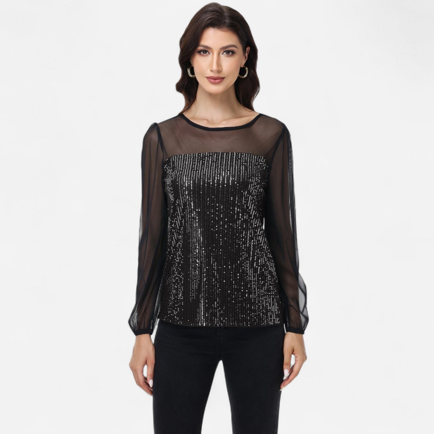 Anna-Kaci Women's Sheer Mesh Long Sleeve Top with Sequin Front Panel and Crew Neckline