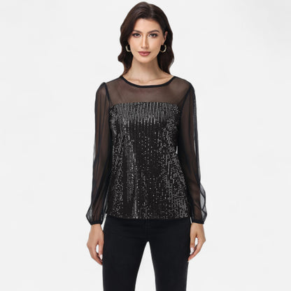 Anna-Kaci Women's Sheer Mesh Long Sleeve Top with Sequin Front Panel and Crew Neckline