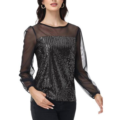 Anna-Kaci Women's Sheer Mesh Long Sleeve Top with Sequin Front Panel and Crew Neckline