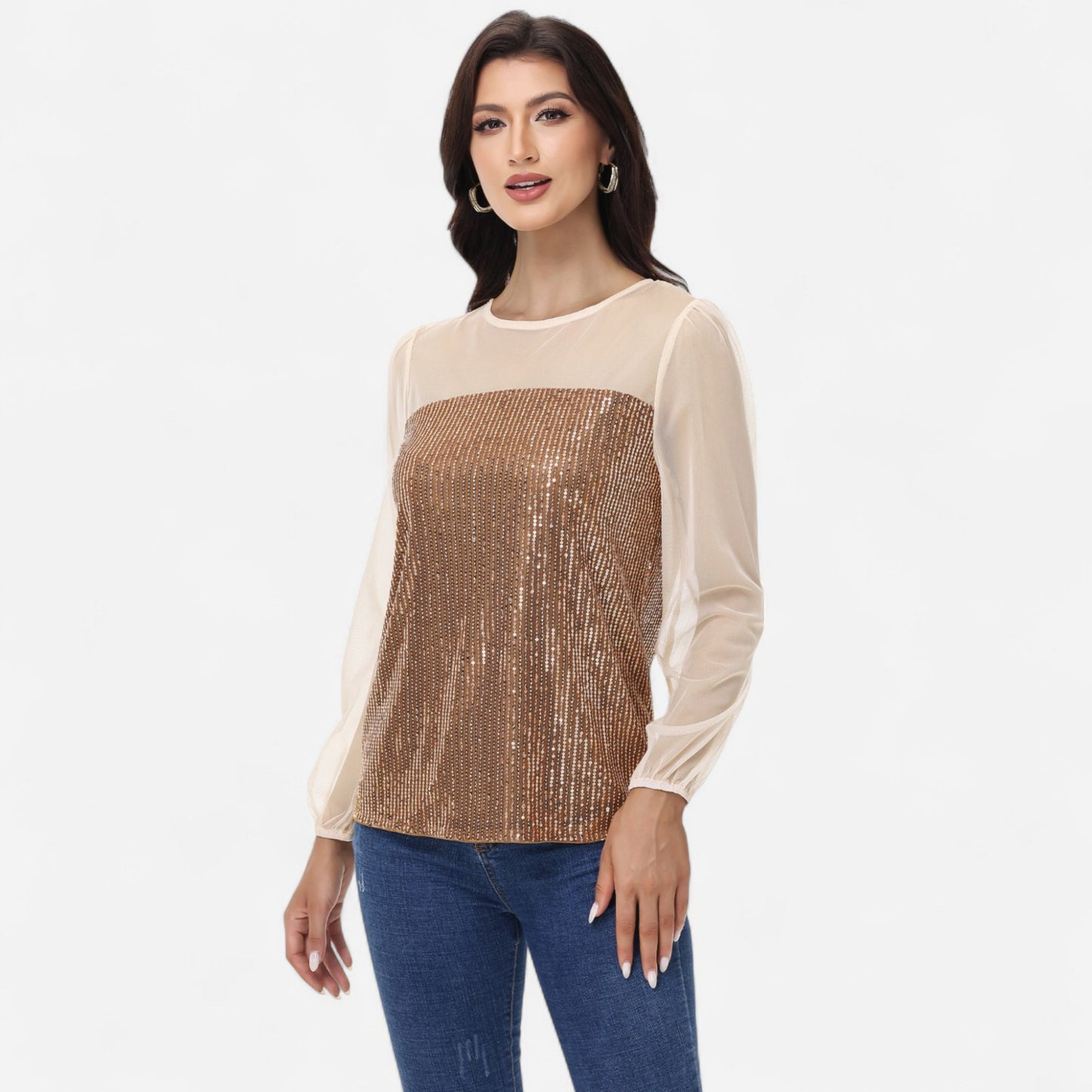 Anna-Kaci Women's Sheer Mesh Long Sleeve Top with Sequin Front Panel and Crew Neckline