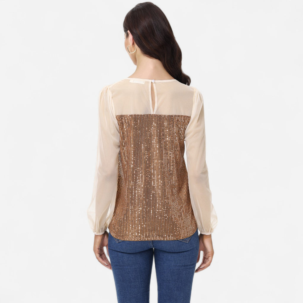 Anna-Kaci Women's Sheer Mesh Long Sleeve Top with Sequin Front Panel and Crew Neckline