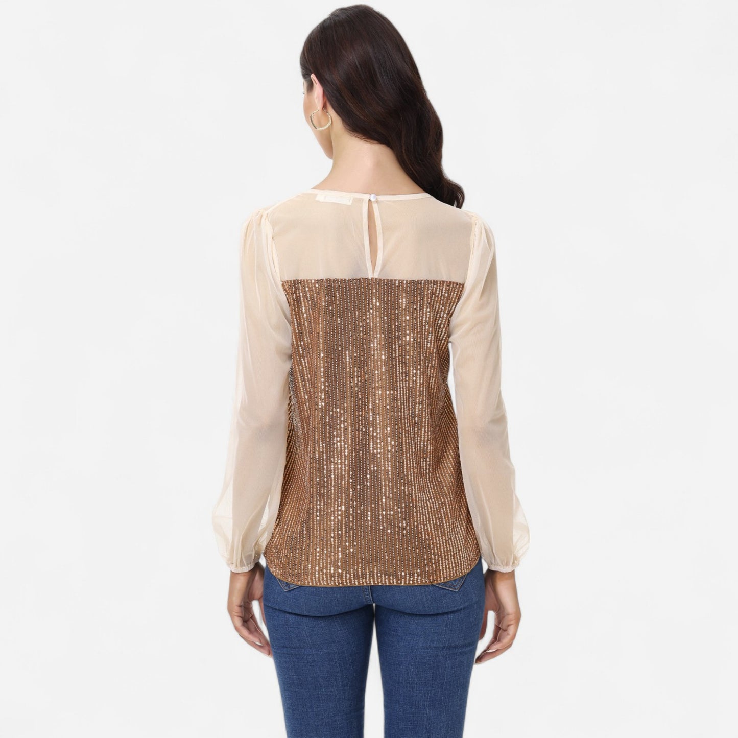 Anna-Kaci Women's Sheer Mesh Long Sleeve Top with Sequin Front Panel and Crew Neckline