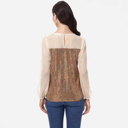 Anna-Kaci Women's Sheer Mesh Long Sleeve Top with Sequin Front Panel and Crew Neckline