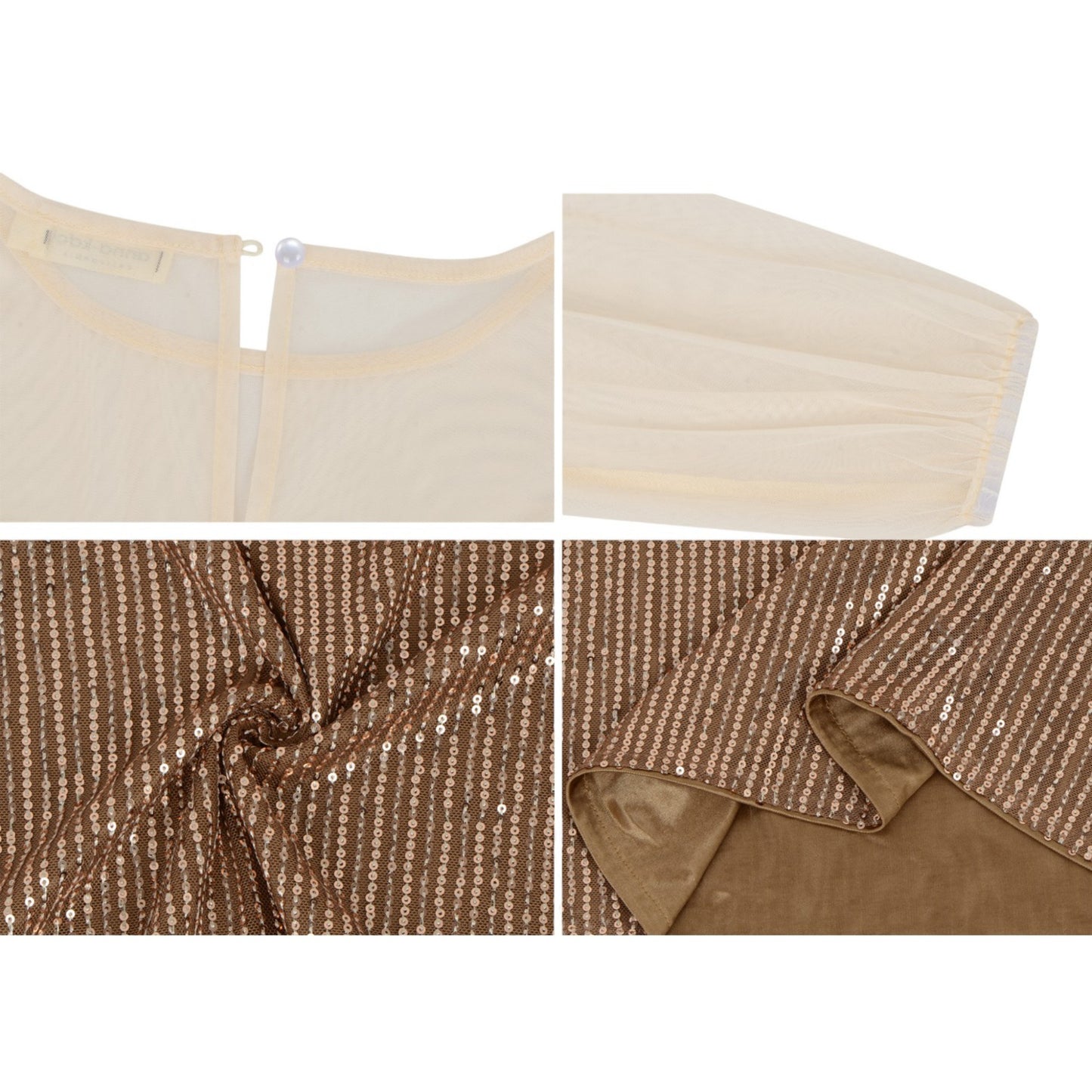 Anna-Kaci Women's Sheer Mesh Long Sleeve Top with Sequin Front Panel and Crew Neckline