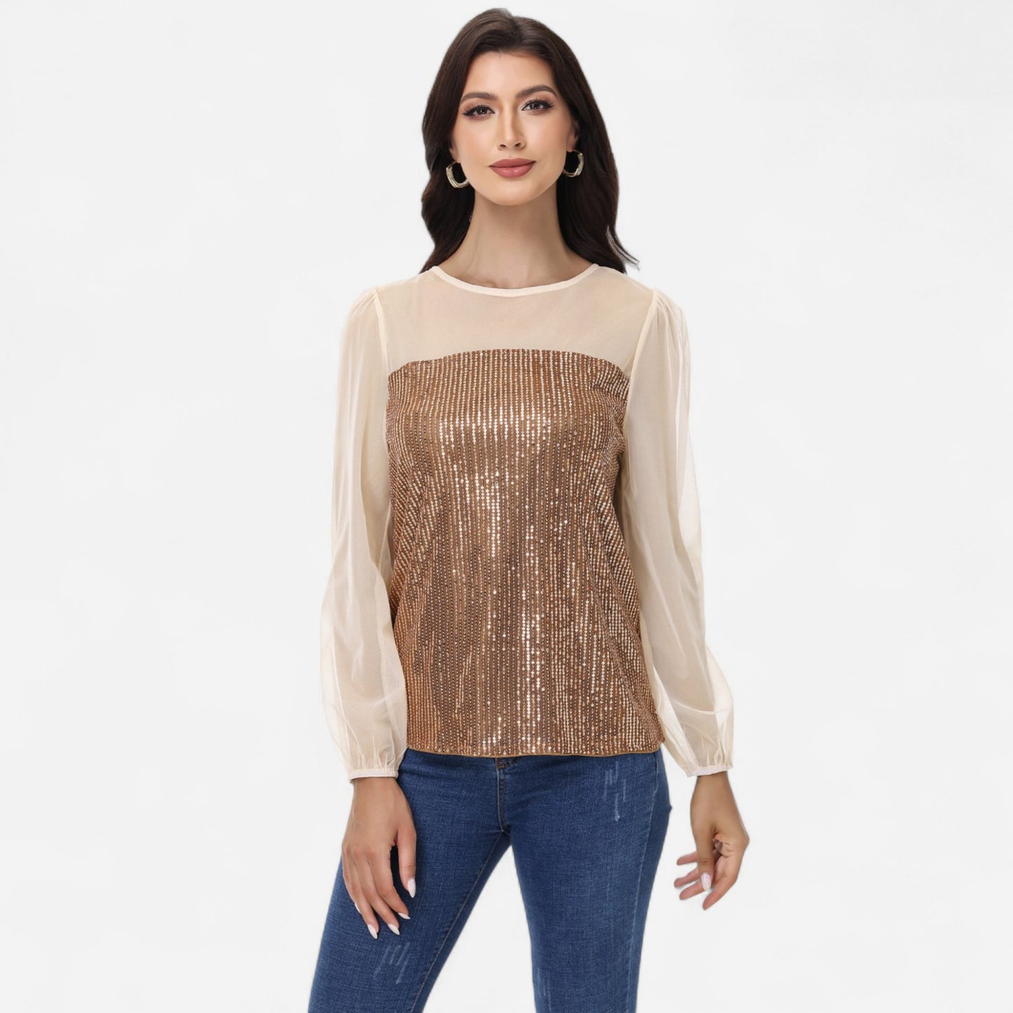 Anna-Kaci Women's Sheer Mesh Long Sleeve Top with Sequin Front Panel and Crew Neckline