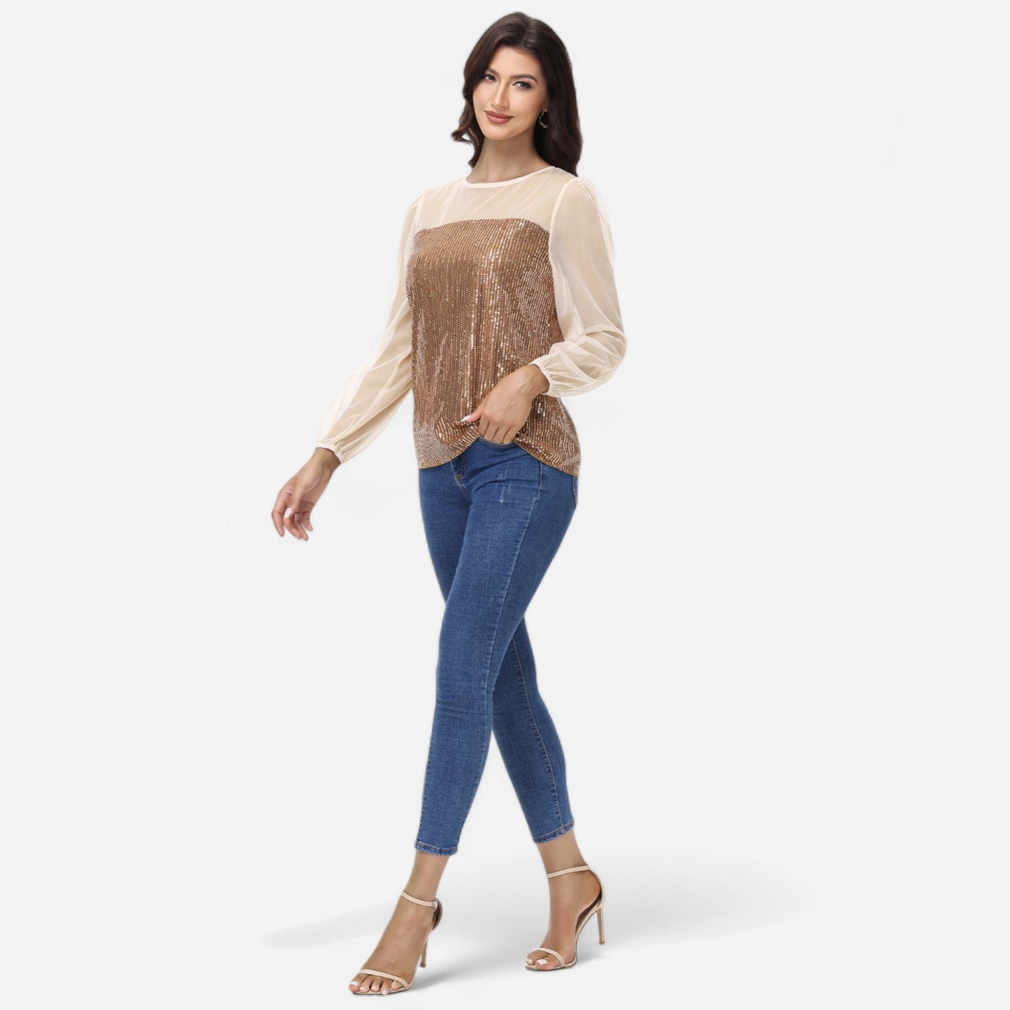 Anna-Kaci Women's Sheer Mesh Long Sleeve Top with Sequin Front Panel and Crew Neckline