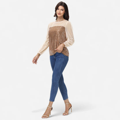 Anna-Kaci Women's Sheer Mesh Long Sleeve Top with Sequin Front Panel and Crew Neckline