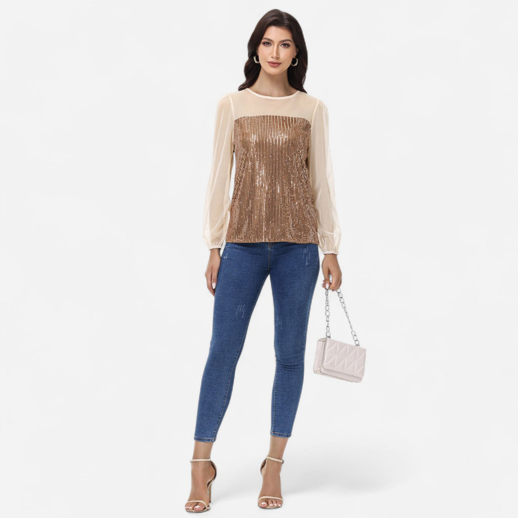 Anna-Kaci Women's Sheer Mesh Long Sleeve Top with Sequin Front Panel and Crew Neckline