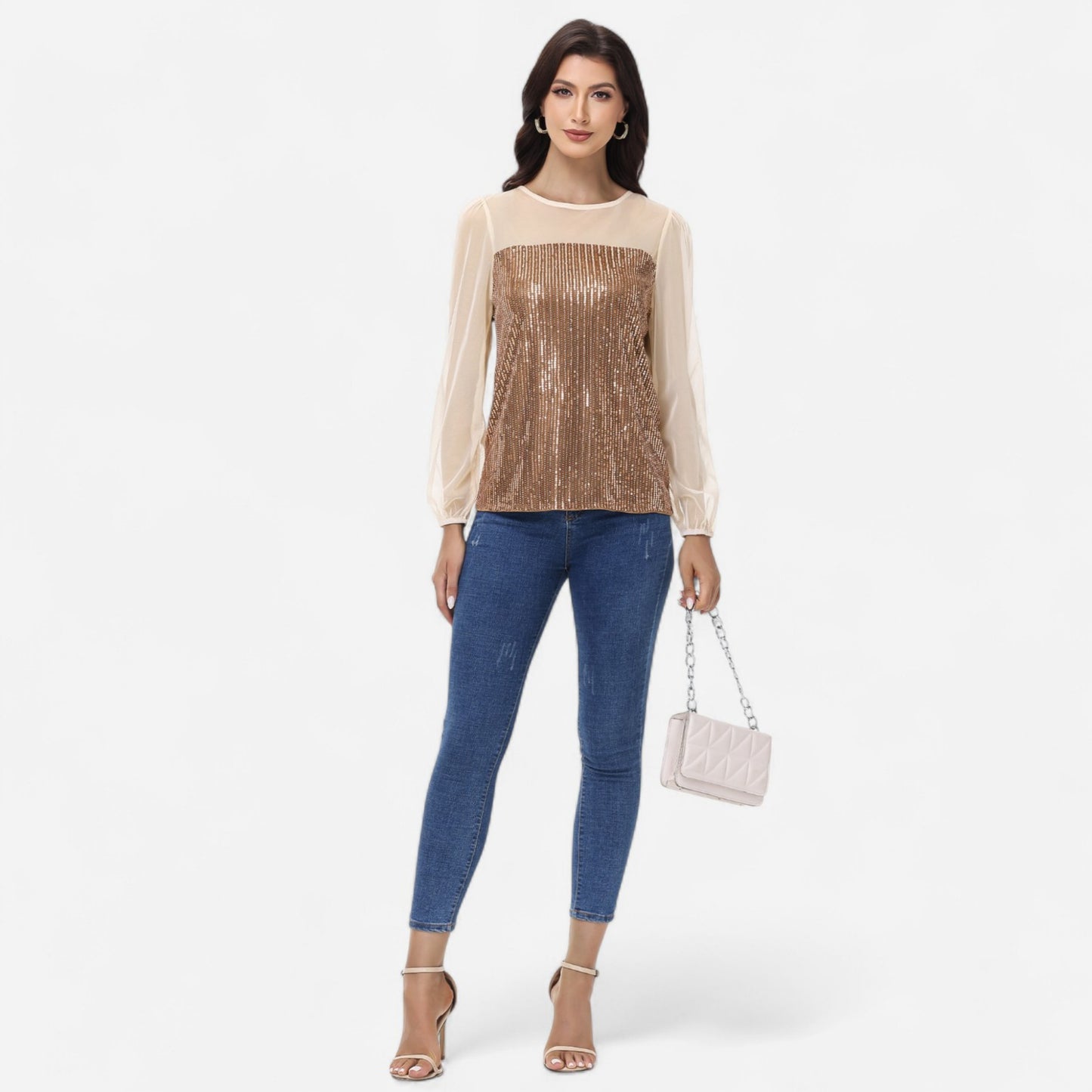 Anna-Kaci Women's Sheer Mesh Long Sleeve Top with Sequin Front Panel and Crew Neckline