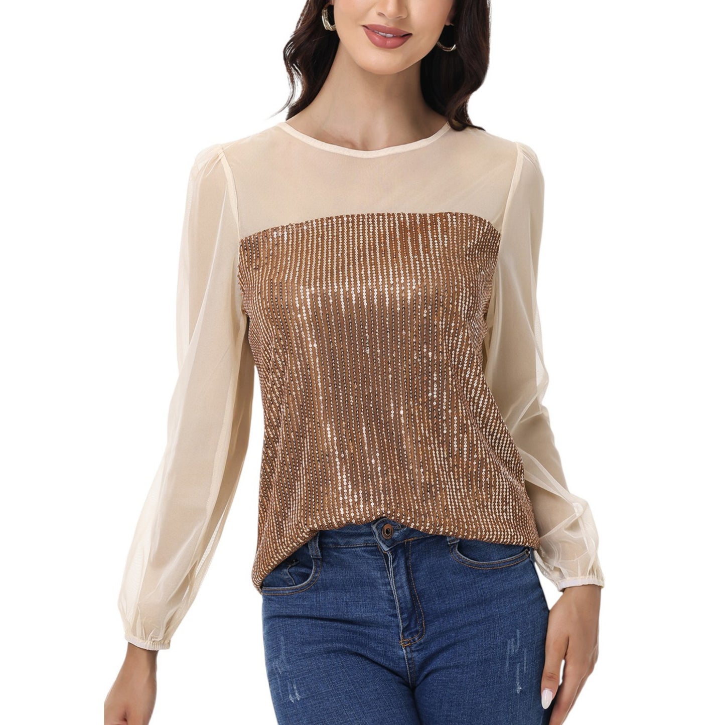 Anna-Kaci Women's Sheer Mesh Long Sleeve Top with Sequin Front Panel and Crew Neckline