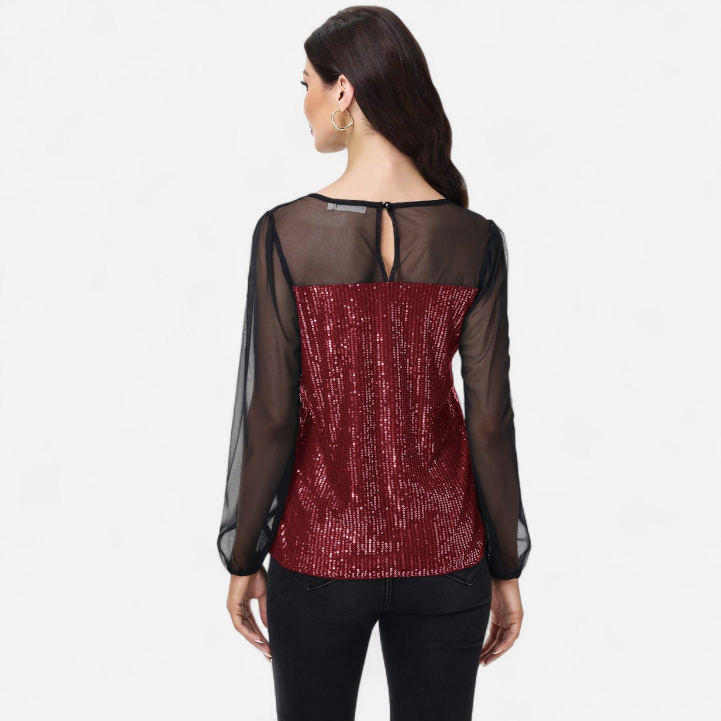 Anna-Kaci Women's Sheer Mesh Long Sleeve Top with Sequin Front Panel and Crew Neckline