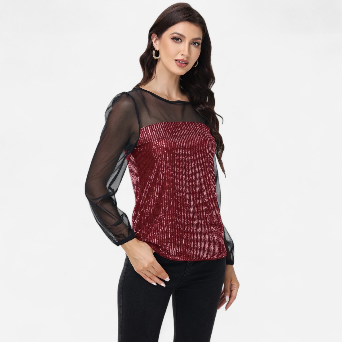 Anna-Kaci Women's Sheer Mesh Long Sleeve Top with Sequin Front Panel and Crew Neckline