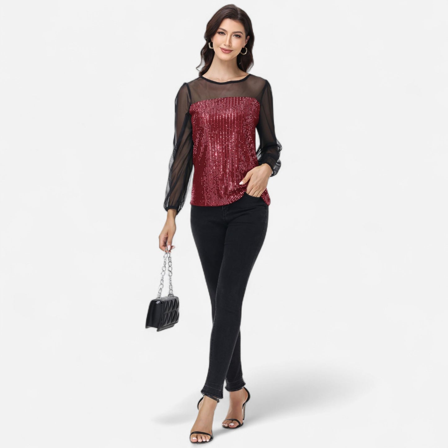 Anna-Kaci Women's Sheer Mesh Long Sleeve Top with Sequin Front Panel and Crew Neckline
