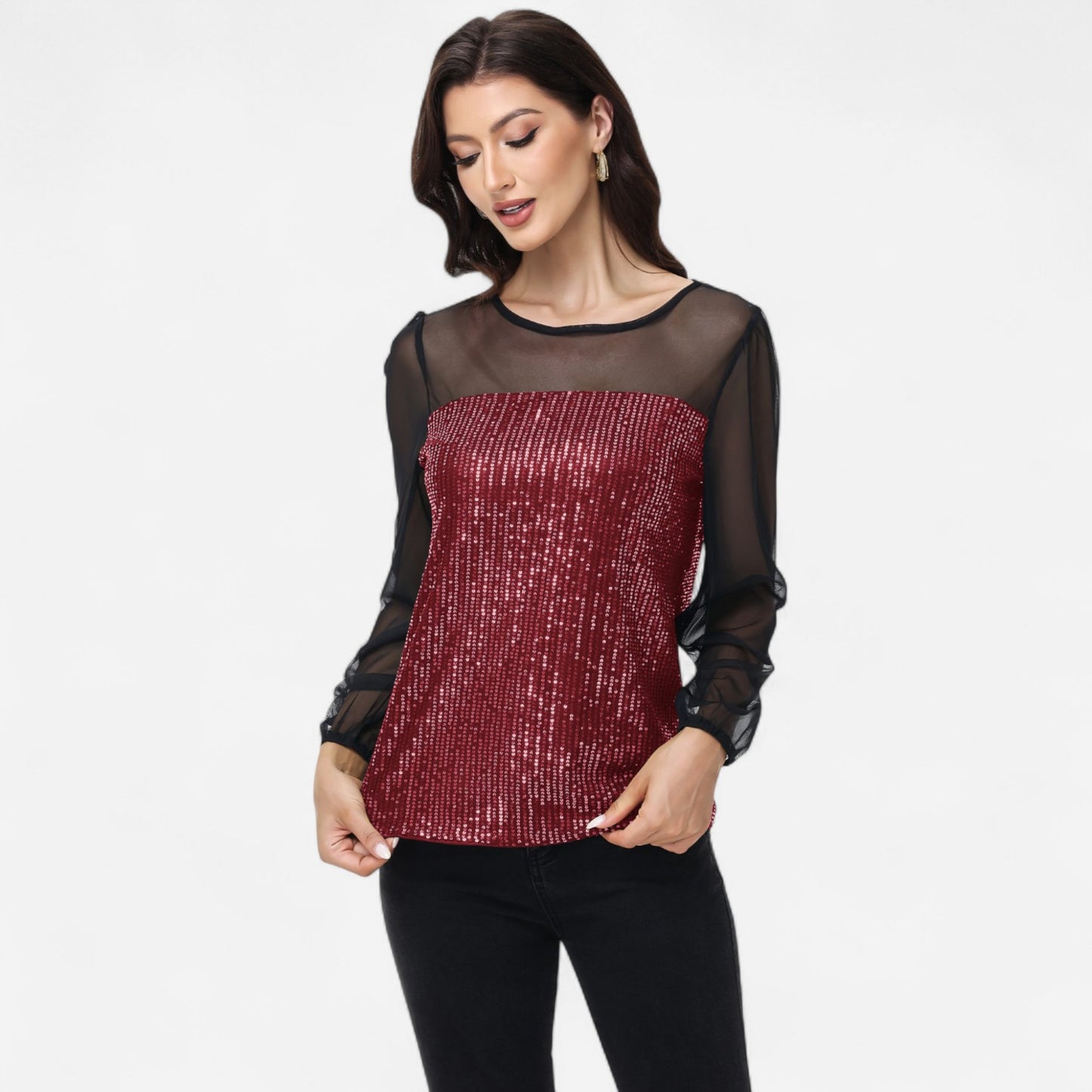 Anna-Kaci Women's Sheer Mesh Long Sleeve Top with Sequin Front Panel and Crew Neckline
