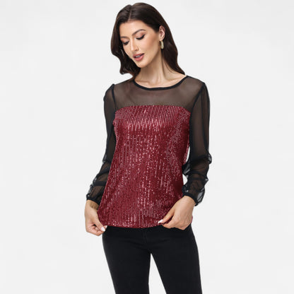 Anna-Kaci Women's Sheer Mesh Long Sleeve Top with Sequin Front Panel and Crew Neckline