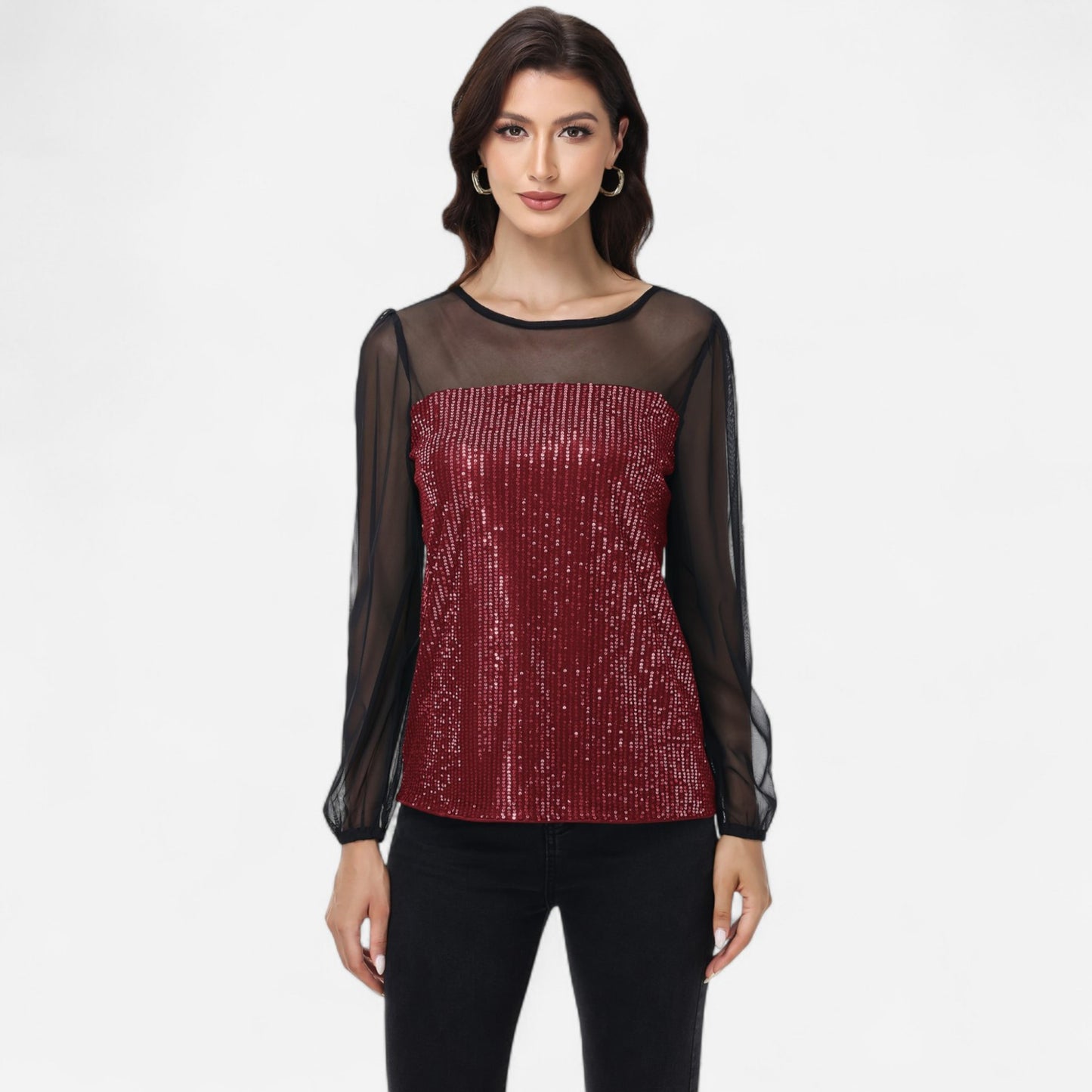 Anna-Kaci Women's Sheer Mesh Long Sleeve Top with Sequin Front Panel and Crew Neckline