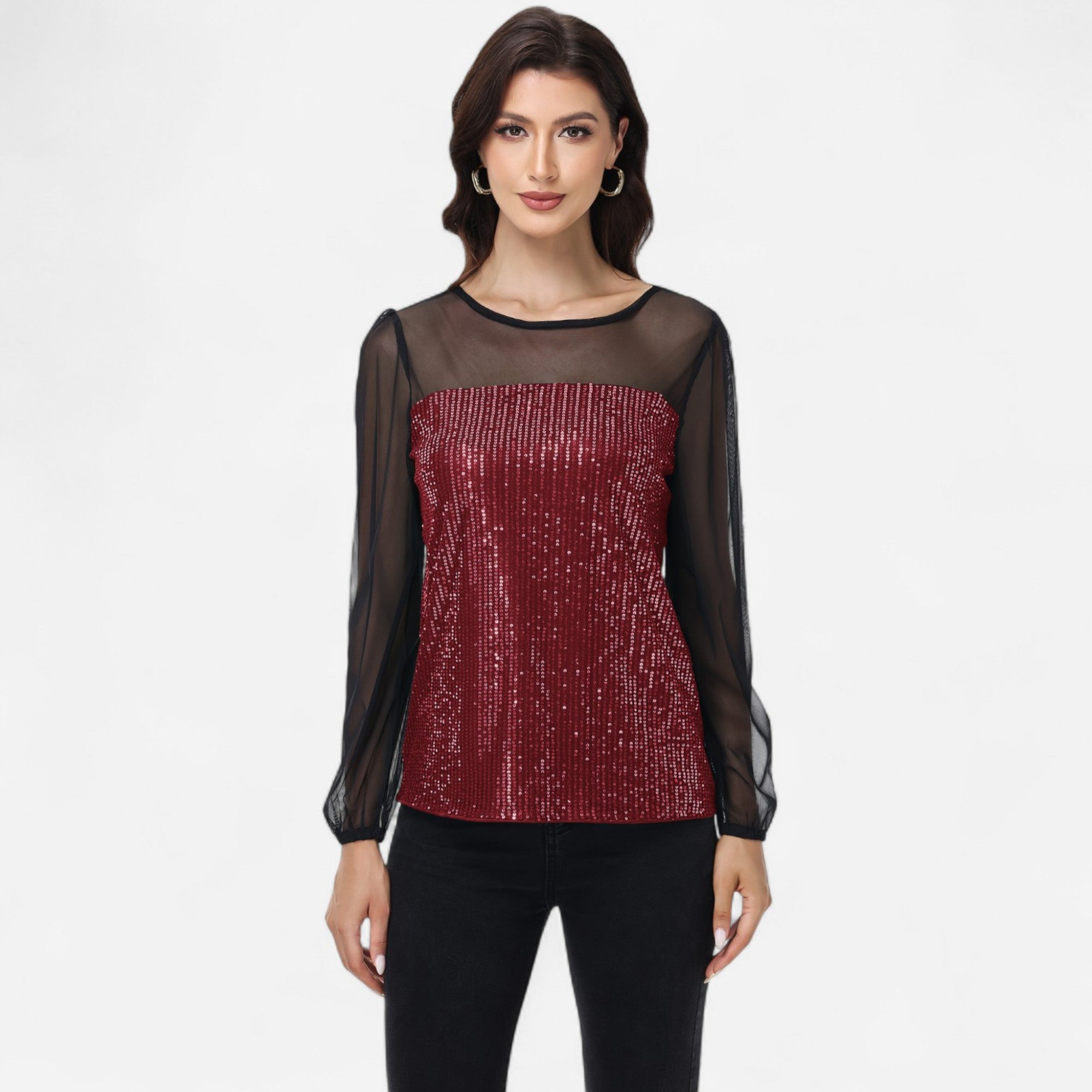 Anna-Kaci Women's Sheer Mesh Long Sleeve Top with Sequin Front Panel and Crew Neckline
