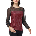 Anna-Kaci Women's Sheer Mesh Long Sleeve Top with Sequin Front Panel and Crew Neckline