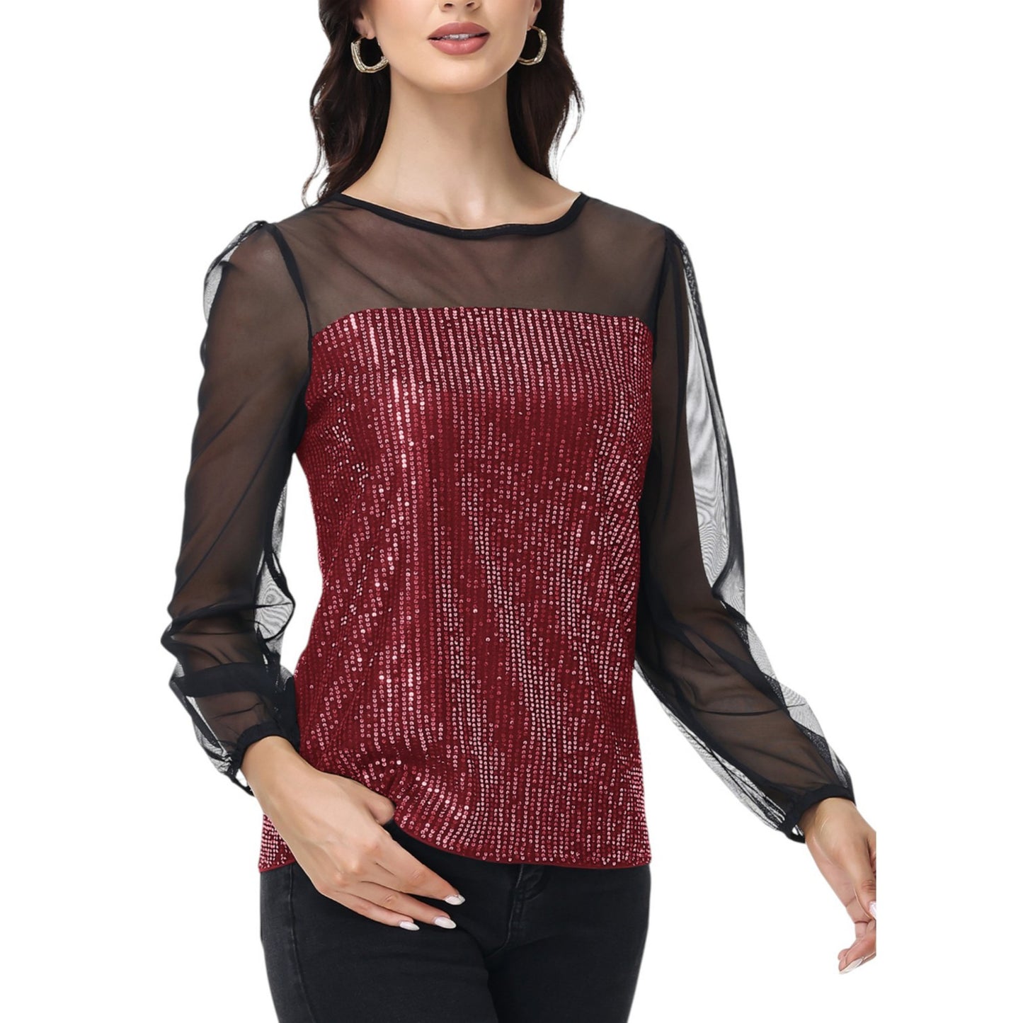 Anna-Kaci Women's Sheer Mesh Long Sleeve Top with Sequin Front Panel and Crew Neckline