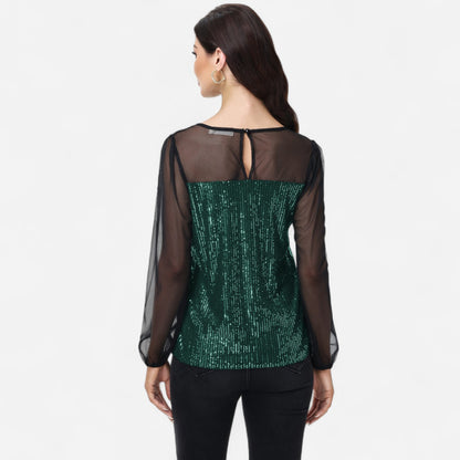 Anna-Kaci Women's Sheer Mesh Long Sleeve Top with Sequin Front Panel and Crew Neckline
