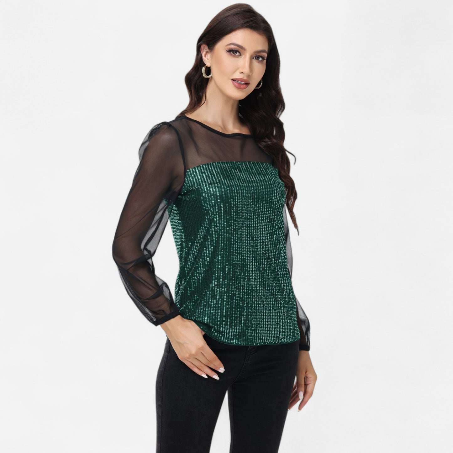 Anna-Kaci Women's Sheer Mesh Long Sleeve Top with Sequin Front Panel and Crew Neckline