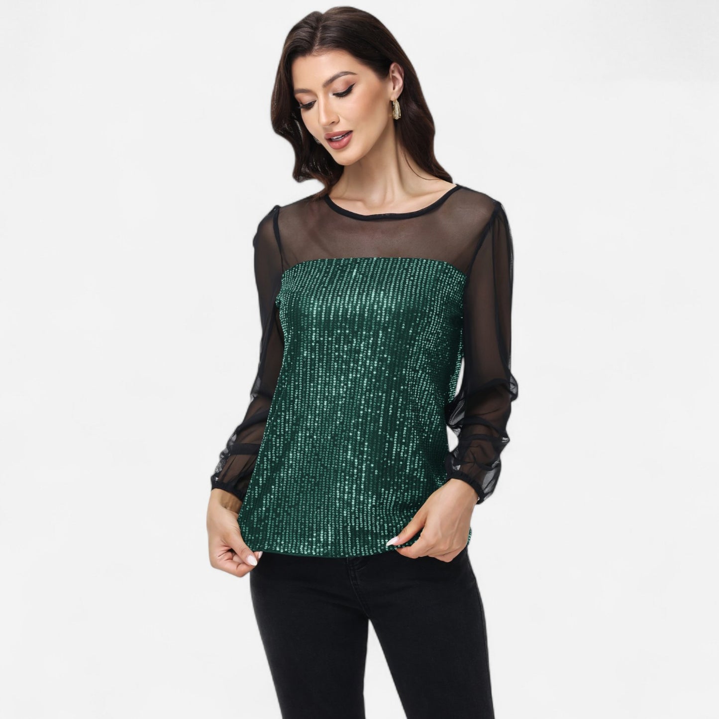Anna-Kaci Women's Sheer Mesh Long Sleeve Top with Sequin Front Panel and Crew Neckline