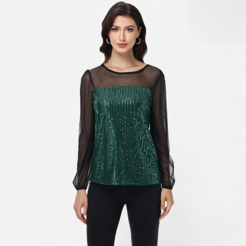 Anna-Kaci Women's Sheer Mesh Long Sleeve Top with Sequin Front Panel and Crew Neckline