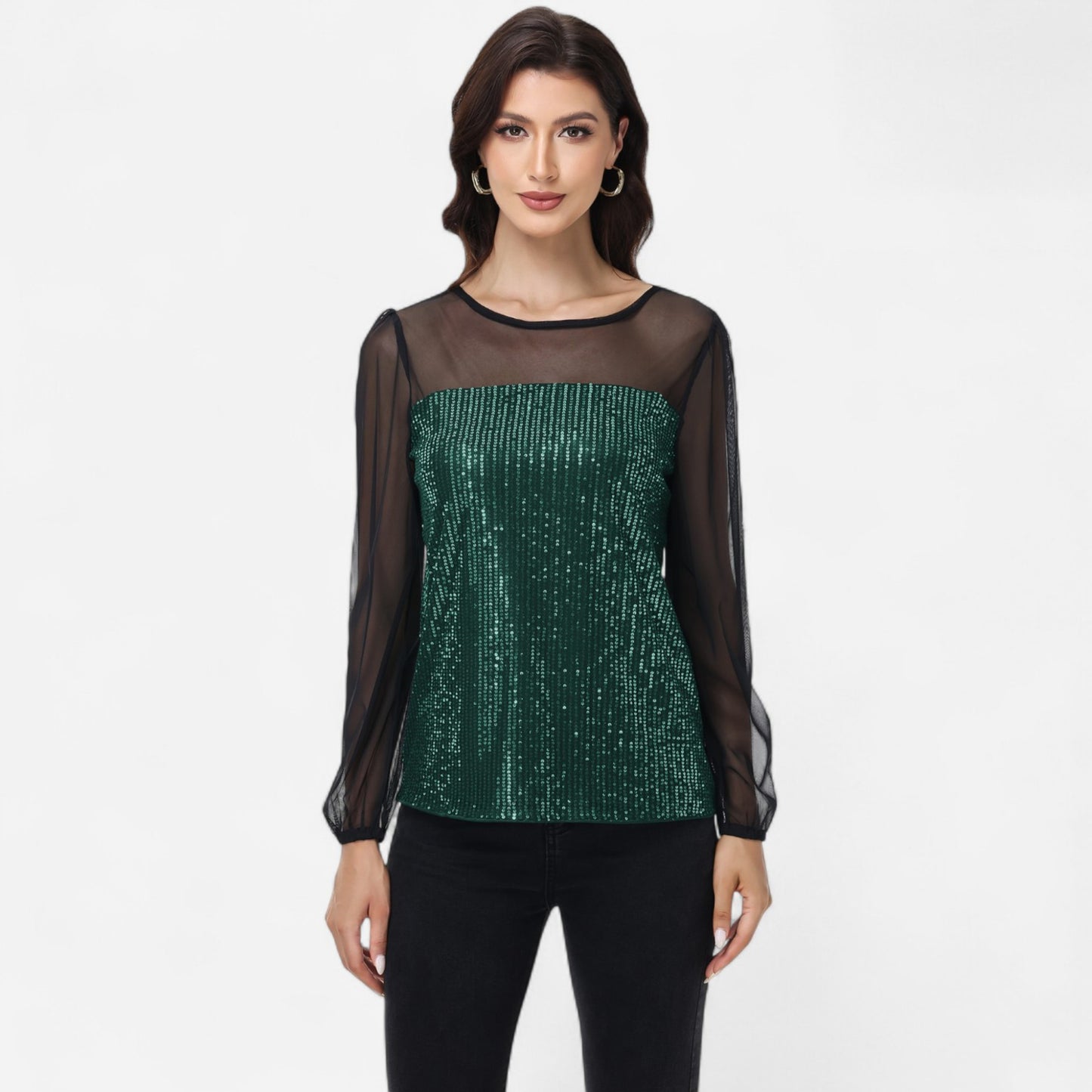 Anna-Kaci Women's Sheer Mesh Long Sleeve Top with Sequin Front Panel and Crew Neckline
