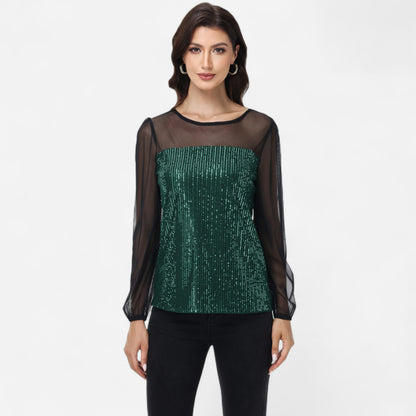 Anna-Kaci Women's Sheer Mesh Long Sleeve Top with Sequin Front Panel and Crew Neckline