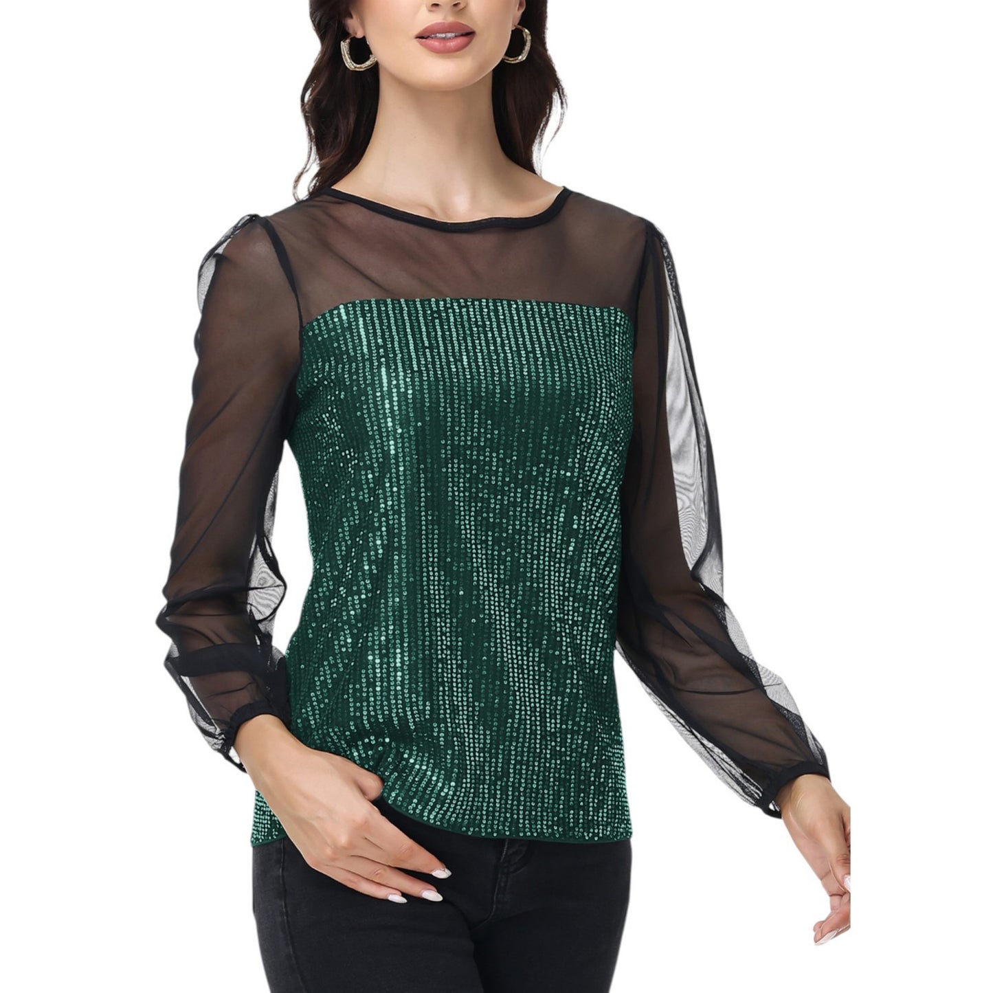 Anna-Kaci Women's Sheer Mesh Long Sleeve Top with Sequin Front Panel and Crew Neckline