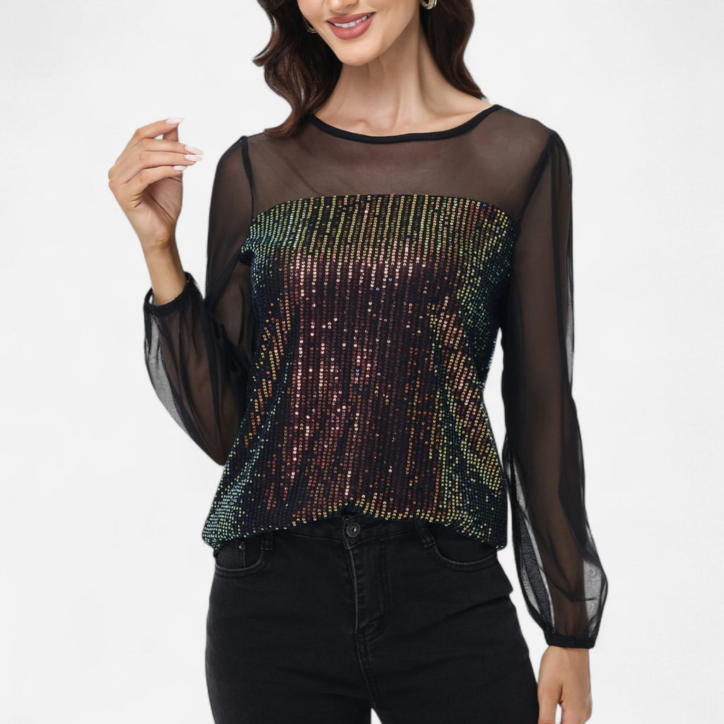 Anna-Kaci Women's Sheer Mesh Long Sleeve Top with Sequin Front Panel and Crew Neckline