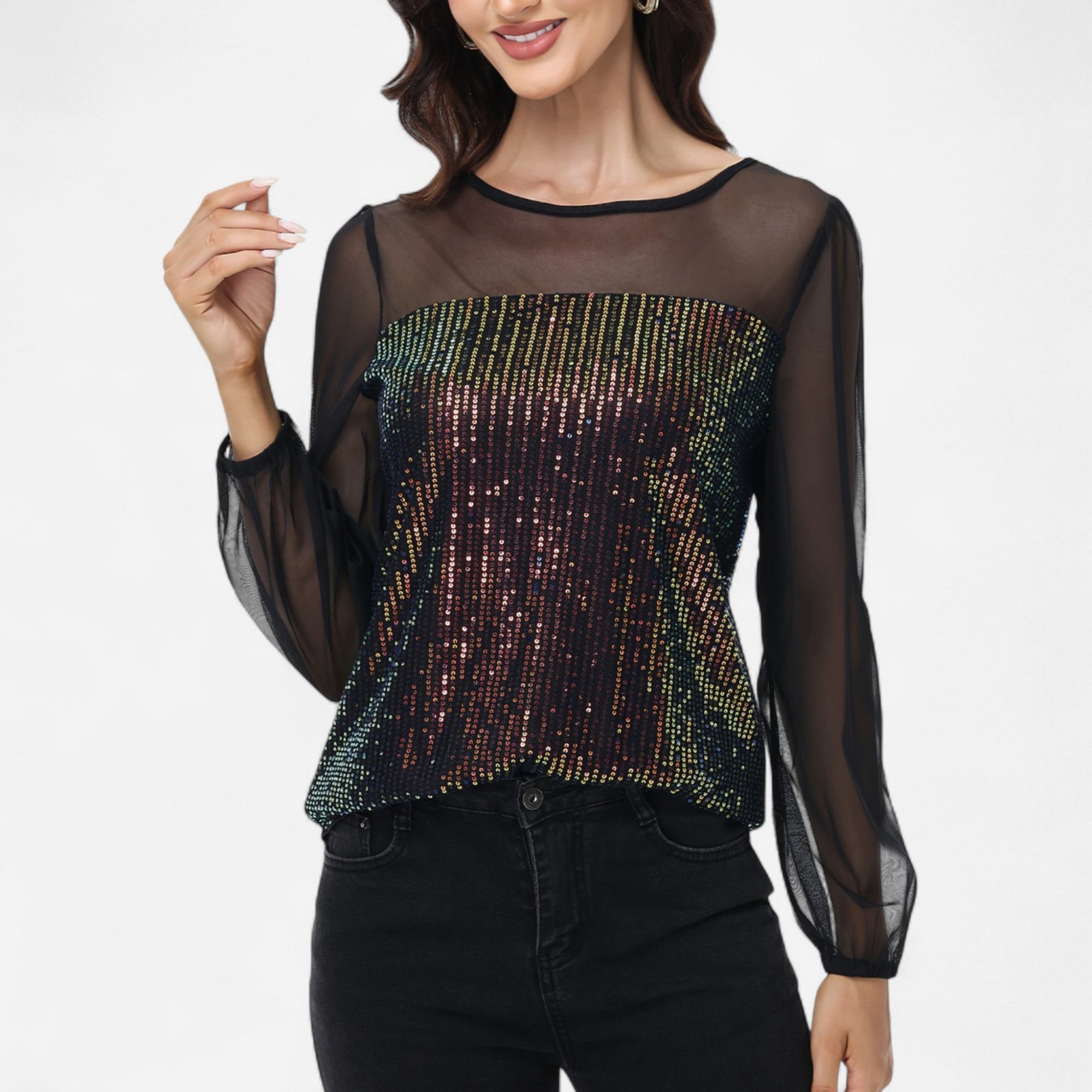 Anna-Kaci Women's Sheer Mesh Long Sleeve Top with Sequin Front Panel and Crew Neckline