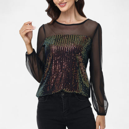 Anna-Kaci Women's Sheer Mesh Long Sleeve Top with Sequin Front Panel and Crew Neckline