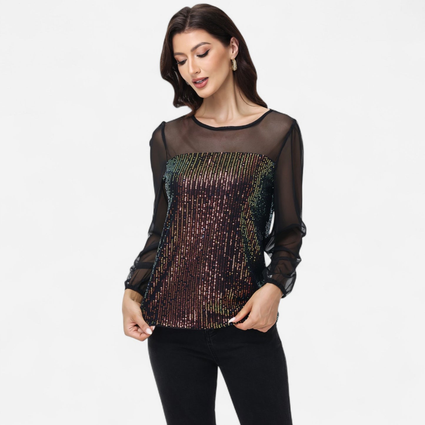 Anna-Kaci Women's Sheer Mesh Long Sleeve Top with Sequin Front Panel and Crew Neckline