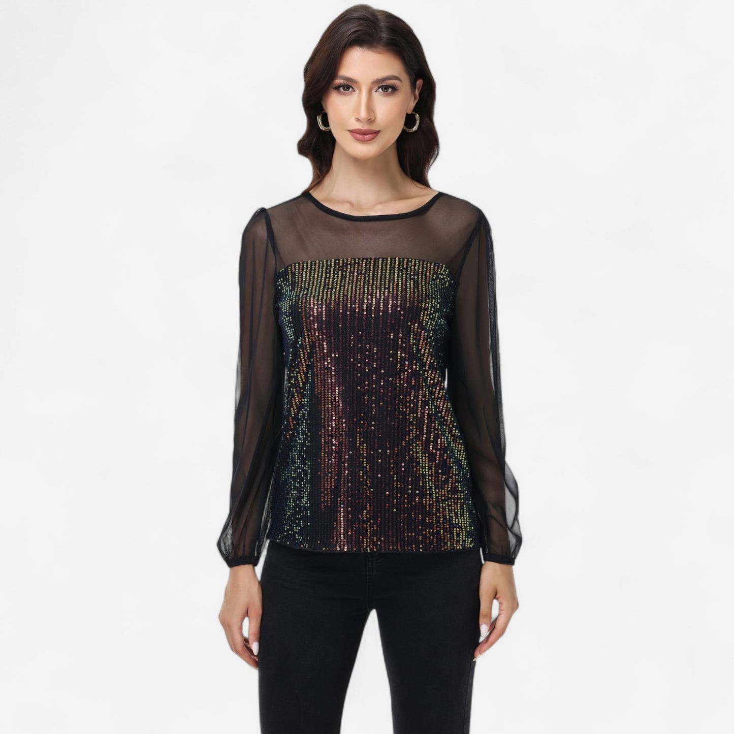 Anna-Kaci Women's Sheer Mesh Long Sleeve Top with Sequin Front Panel and Crew Neckline