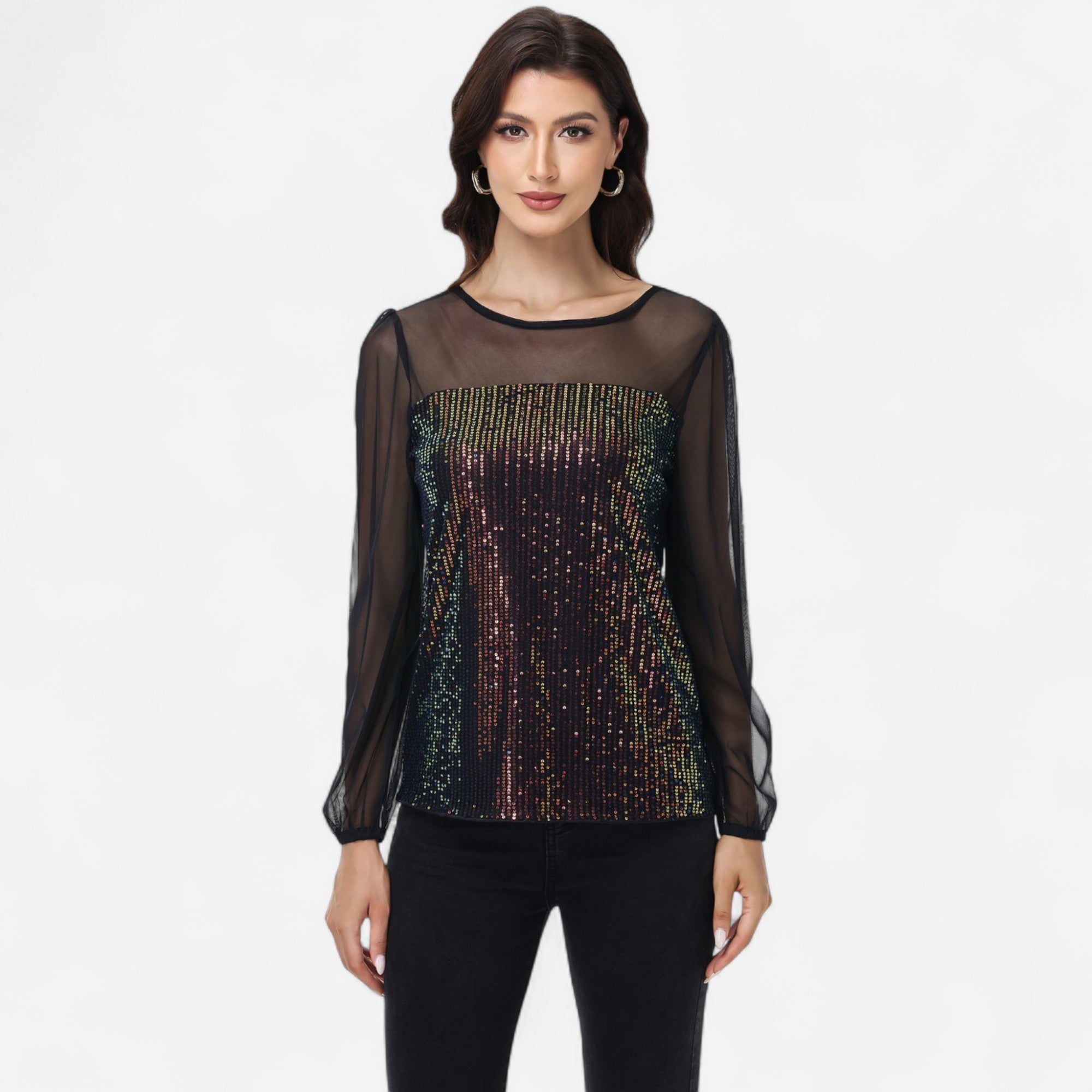 Anna-Kaci Women's Sheer Mesh Long Sleeve Top with Sequin Front Panel and Crew Neckline