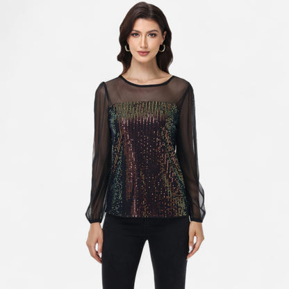 Anna-Kaci Women's Sheer Mesh Long Sleeve Top with Sequin Front Panel and Crew Neckline