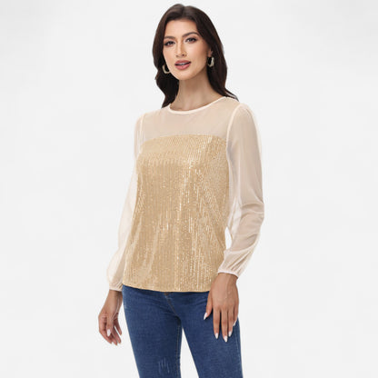 Anna-Kaci Women's Sheer Mesh Long Sleeve Top with Sequin Front Panel and Crew Neckline