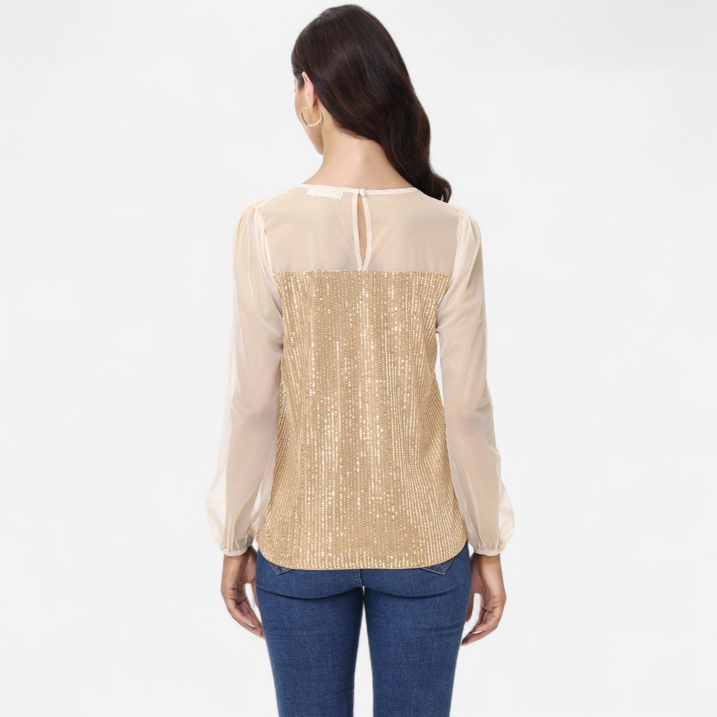 Anna-Kaci Women's Sheer Mesh Long Sleeve Top with Sequin Front Panel and Crew Neckline